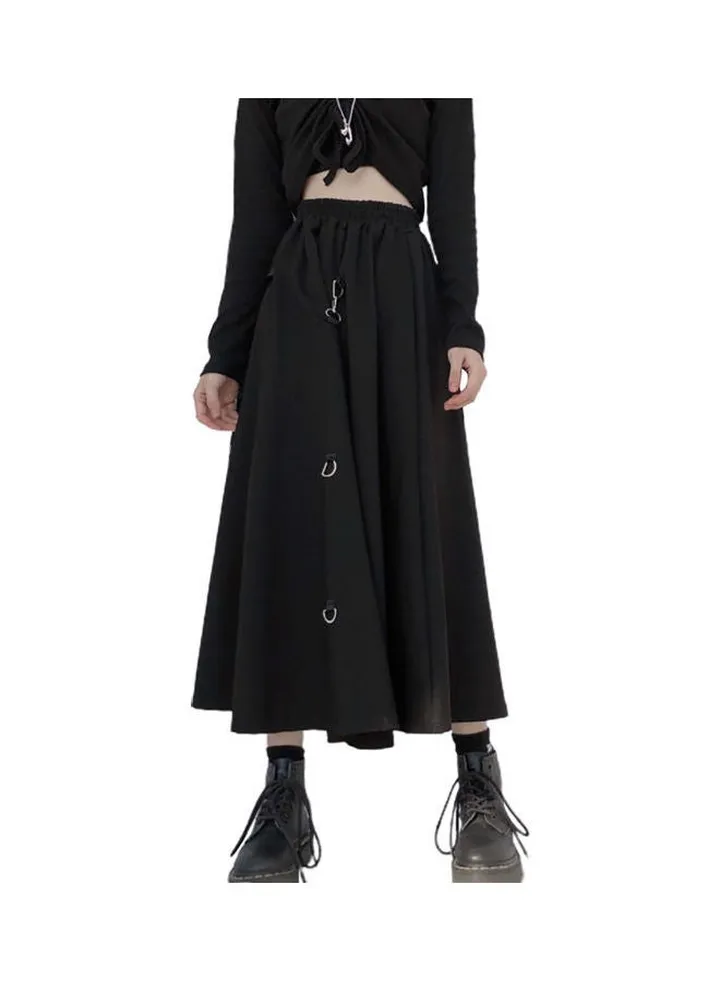 High Waist Hanging Buckle Detail Long Skirt Black