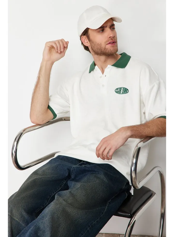 Ecru Men's Oversize/Wide Cut Text Embroidered Towel Fabric Buttoned Polo Collar T-Shirt