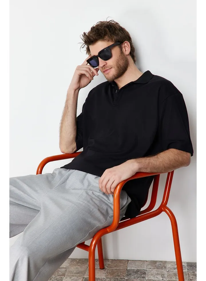 Limited Edition Basic Men's Black Oversize/Wide Cut Tok Fabric Polo Collar T-Shirt