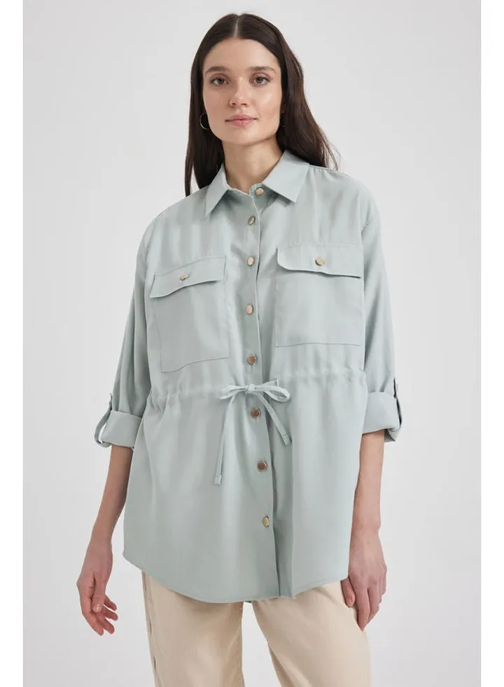 Woman Oversize Fit Shirt Neck Long Sleeve Woven Long Sleeve Tunic