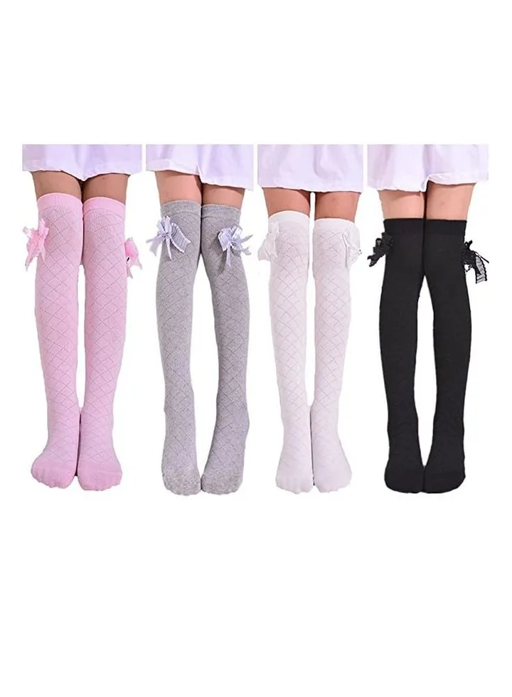 Girls Stockings, 4 Pairs Little Girl's Knee High Socks Over Calf Kids Overknee Stockings Bow Style, Middle Tall Socks Bow Mesh Diamond Check Heelless Straight Children's Socks (for 2-10 Years)