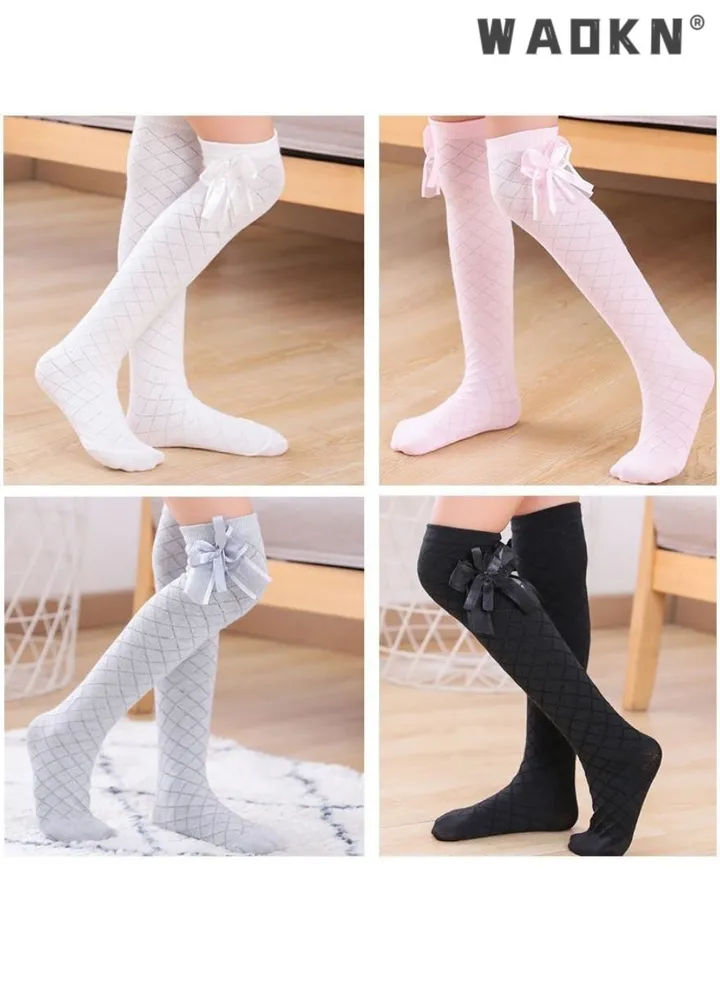 Girls Stockings, 4 Pairs Little Girl's Knee High Socks Over Calf Kids Overknee Stockings Bow Style, Middle Tall Socks Bow Mesh Diamond Check Heelless Straight Children's Socks (for 2-10 Years)