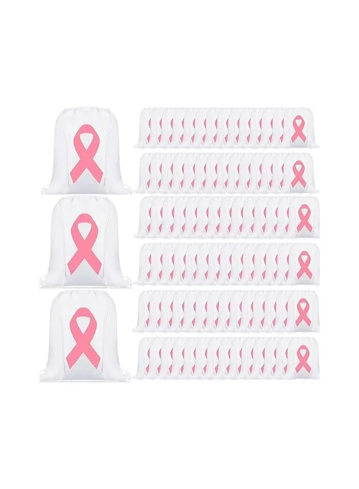 10 pcs of Pink BreastCancer Awareness Drawstring bag -Pink Ribbon Polyester Drawstring Bags -Hope Fight Sport Gym Sackpack for Women Travel Storage Accessories