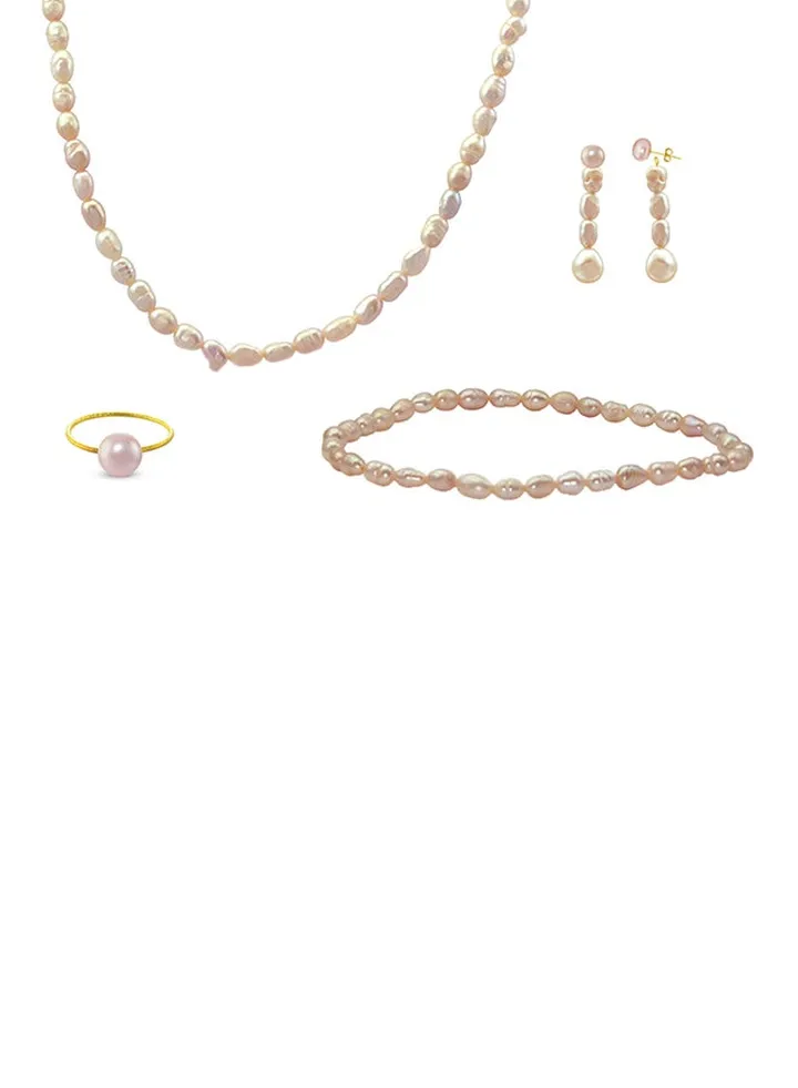 Set of 4 18 Karat Gold Pearl Beads Necklace Bracelet Earrings and Ring
