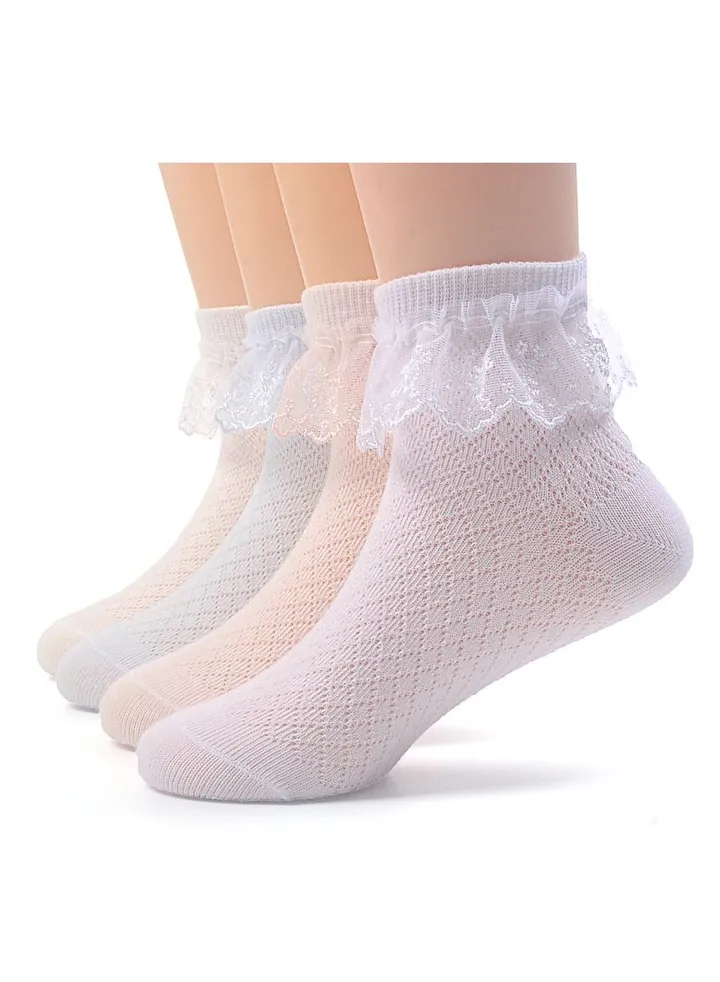 4 Pair Of Princess Lace Socks White/Pink/Blue/Beige