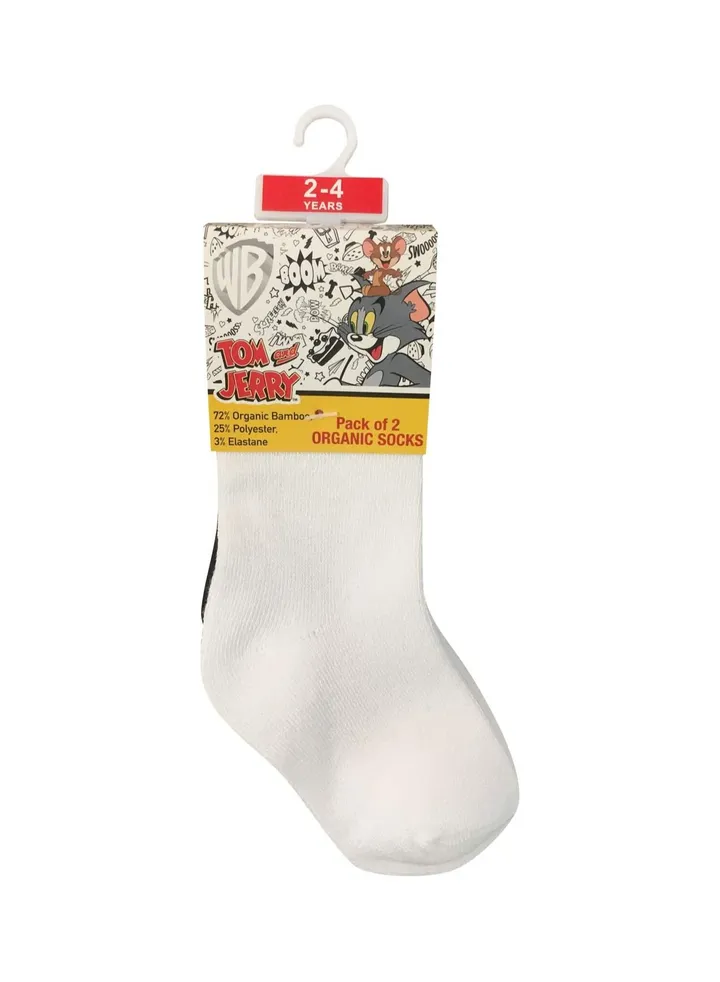 Tom & Jerry Bamboo Cotton Sock - Solid (Pack Of 2) - White & Black 2-4Y