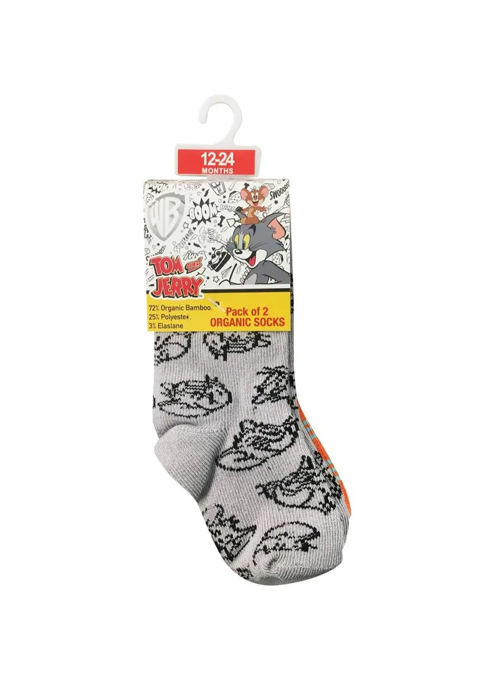 Tom & Jerry Bamboo Cotton Sock Printed Pack Of 2 Grey/Orange 12-24M