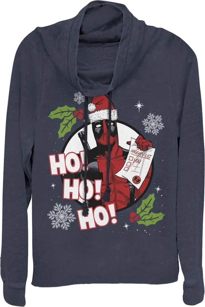 Junior's Marvel Deadpool Santa Naughty List Holiday Cowl Neck Sweatshirt - Navy Blue - X Small