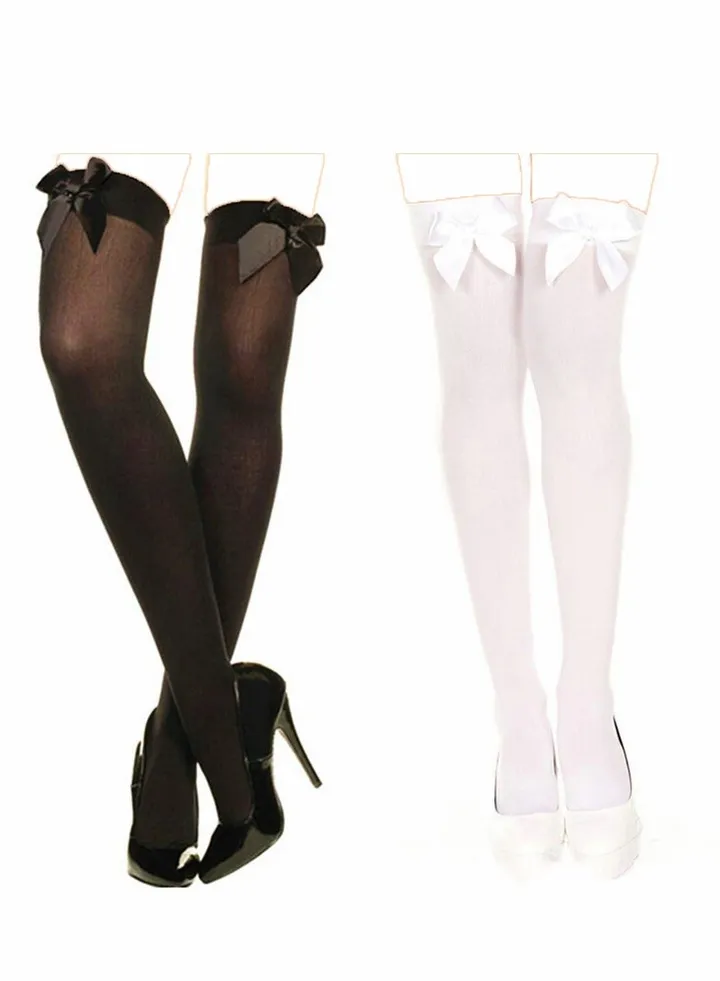 Knee High Stockings with Bows - 2 Pairs Womens Opaque Hold ups Stocking Ladies Black and White Thigh High Long Over Knee Length Socks with Bow Top Stockings One Size
