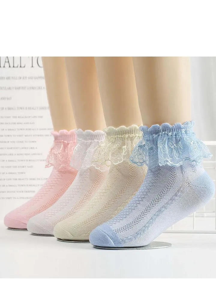 4 Pair Of Princess Lace Socks Pink/White/Beige/Blue