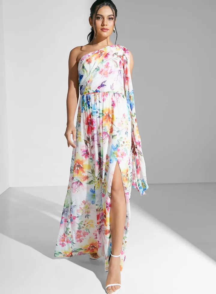 One Shoulder Floral Printed Dress