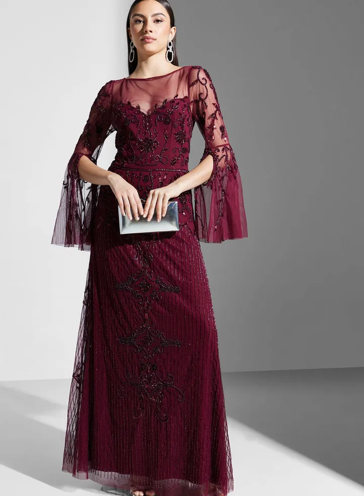 Flared Sleeve Mesh Tiered Dress