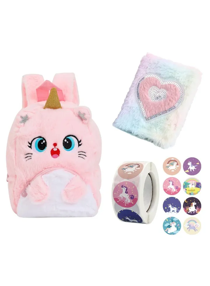 Fluffy Unicorn Cat Style Backpack Rainbow Plush Bag with Fuzzy Notebook Stickers Cute and Soft Toy for Stylish School Supplies Perfect Girl's Dream Gift and Diary Notebook for Kids