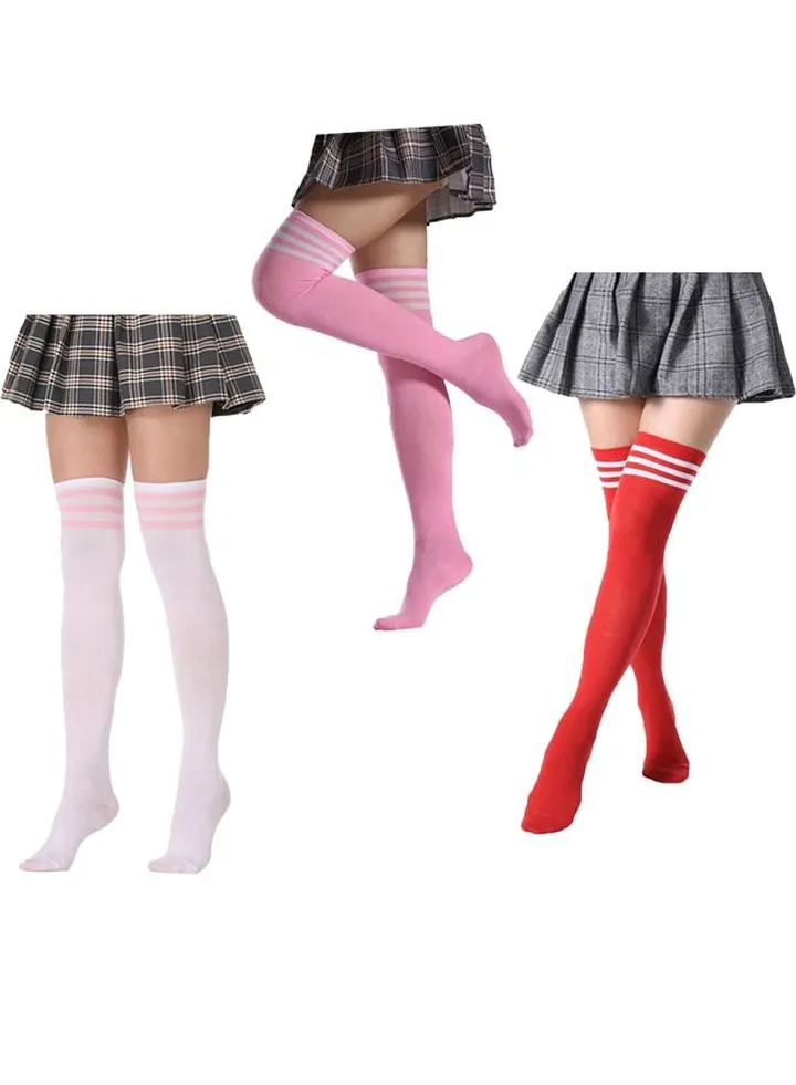 High Thigh Socks 3 Pairs Women Stripe Tube Dresses Over the Knee Long Stockings