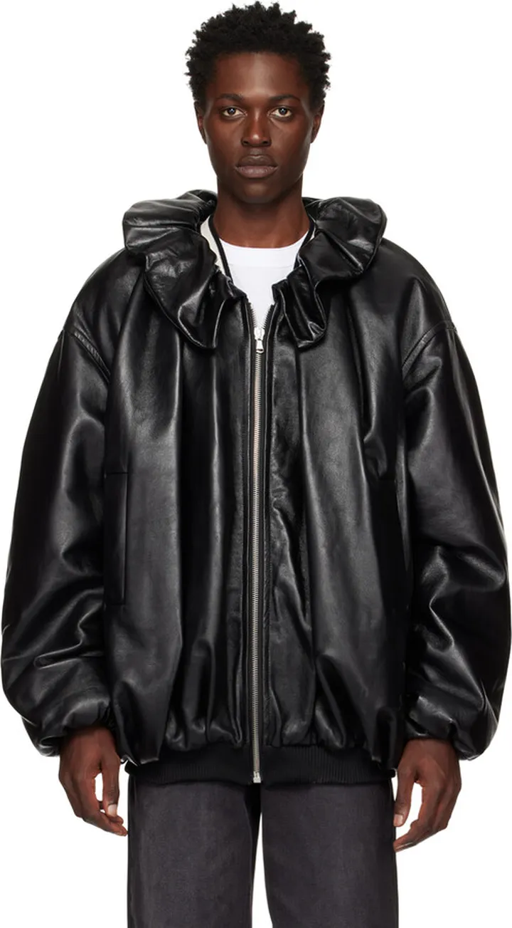 We11done Black Shirring Leather Jacket