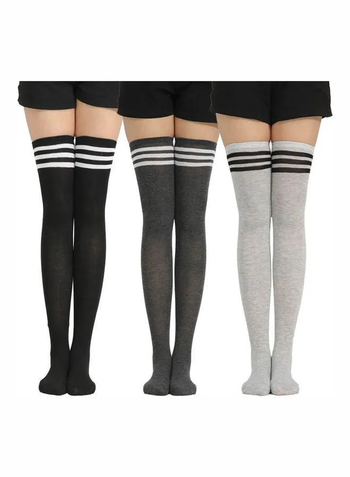 Pair Of 3 Pairs Striped Thigh High Tights Multicolour