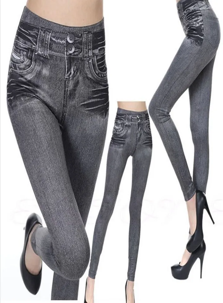 Women's Real Pocket Corset Jeans Seamless Bottoming Tights Grey