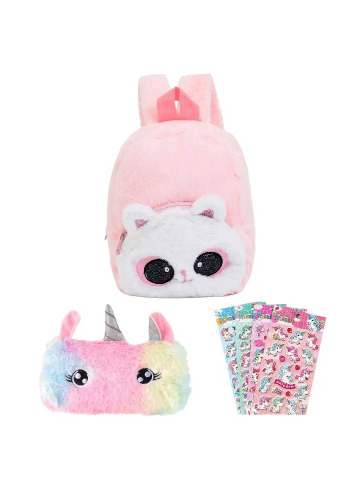 Fluffy Unicorn Backpack Set Rainbow Plush Bag with Matching Purse with Bonus Stickers Soft Toy Perfect Stylish School Supplies for Girls and Kids Great Dream Gift