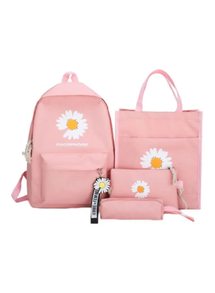 4-Piece Schoolbag Set Pink/White/Yellow