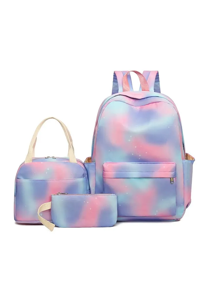 3-Piece Printed Zipper Kids School Backpack Set Pink/Purple