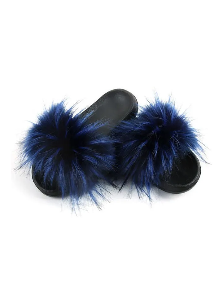 Women Long Faux Raccoon Fur EVA Sandals Navy Blue/Black