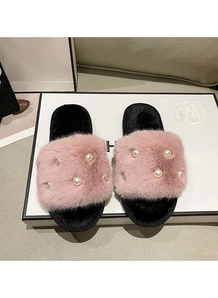 Fashion Open Toe House Slippers Women Fashion Faux Fur Pearl Anti-slip Sandals