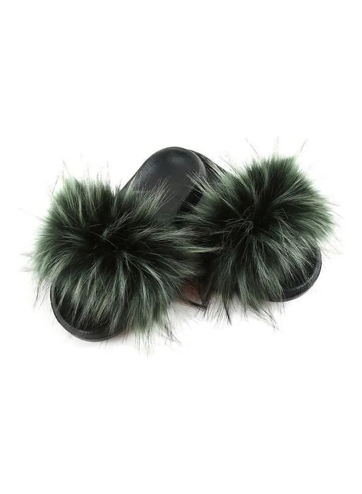 Fashion Women Long Faux Raccoon Fur Anti-slip EVA Slippers Green/Black