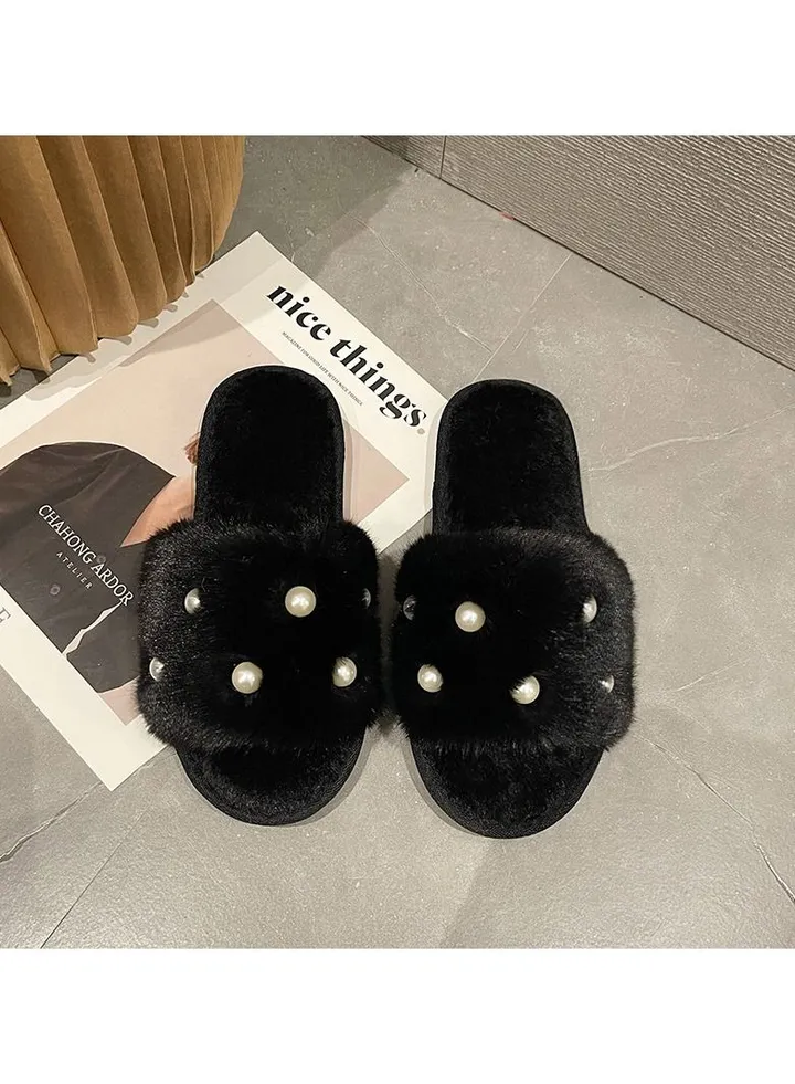 Fashion Open Toe House Slippers Women Fashion Faux Fur Pearl Anti-slip Sandals