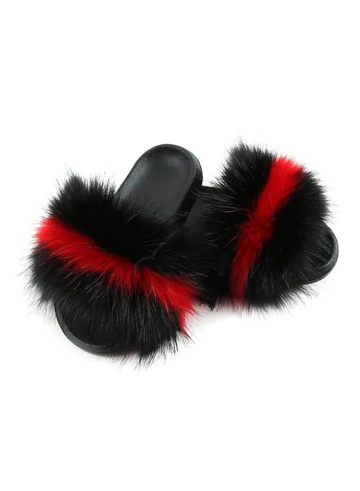 Stylish Women Color Block Faux Fur Flat Slippers Sandals Non Slip Homewear Shoes Black+Wine Red#