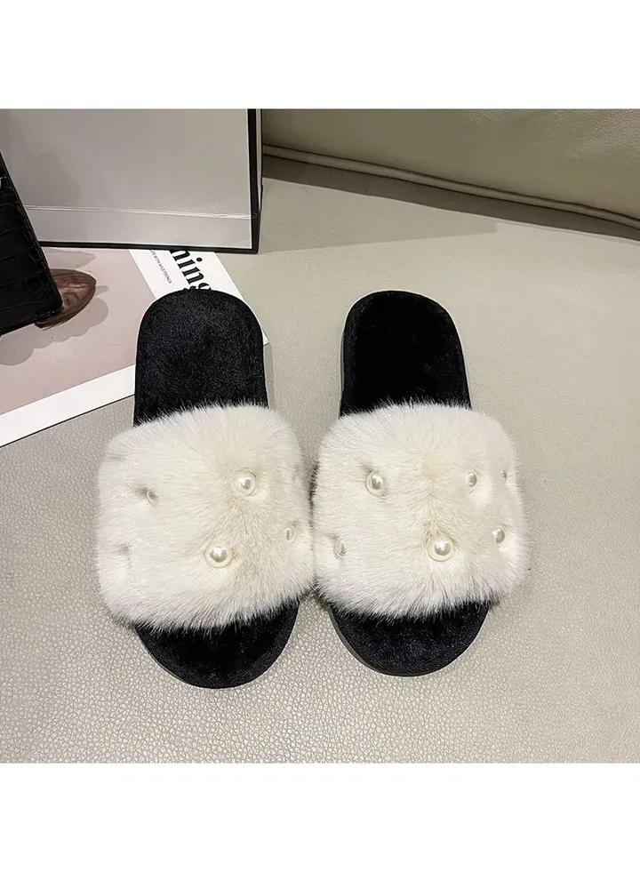 Fashion Open Toe House Slippers Women Fashion Faux Fur Pearl Anti-slip Sandals