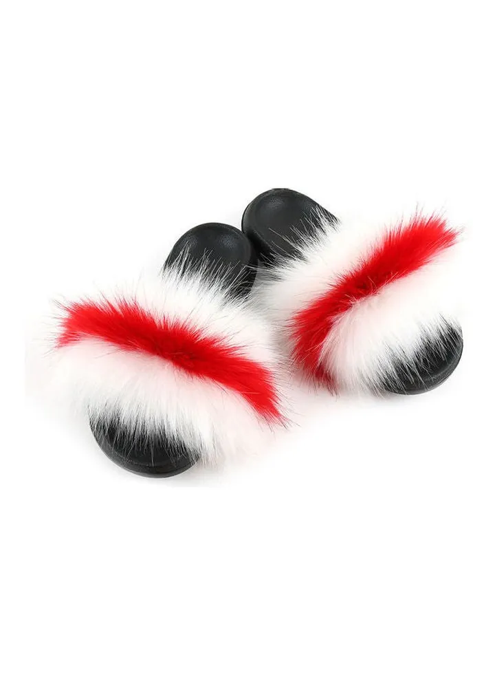Stylish Women Faux Fur Flat Slippers White/Red