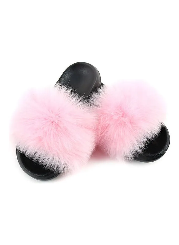 Stylish Women Faux Fur Open Toe Flat Slippers Pink/Black