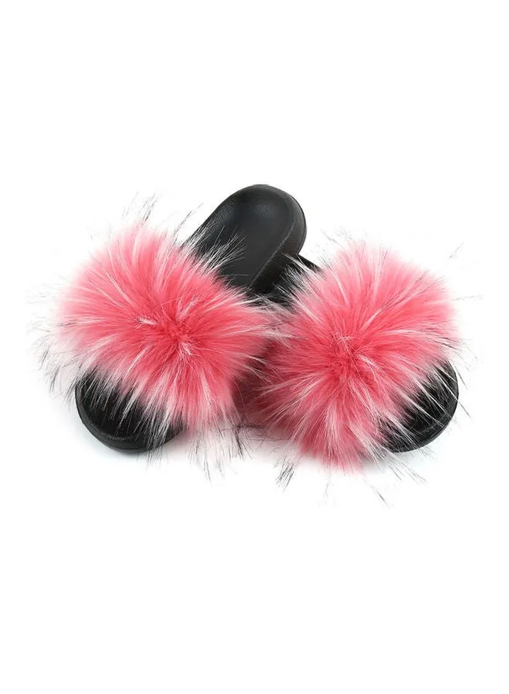 Women Long Faux Raccoon Fur EVA Sandals Watermelon Red/Black
