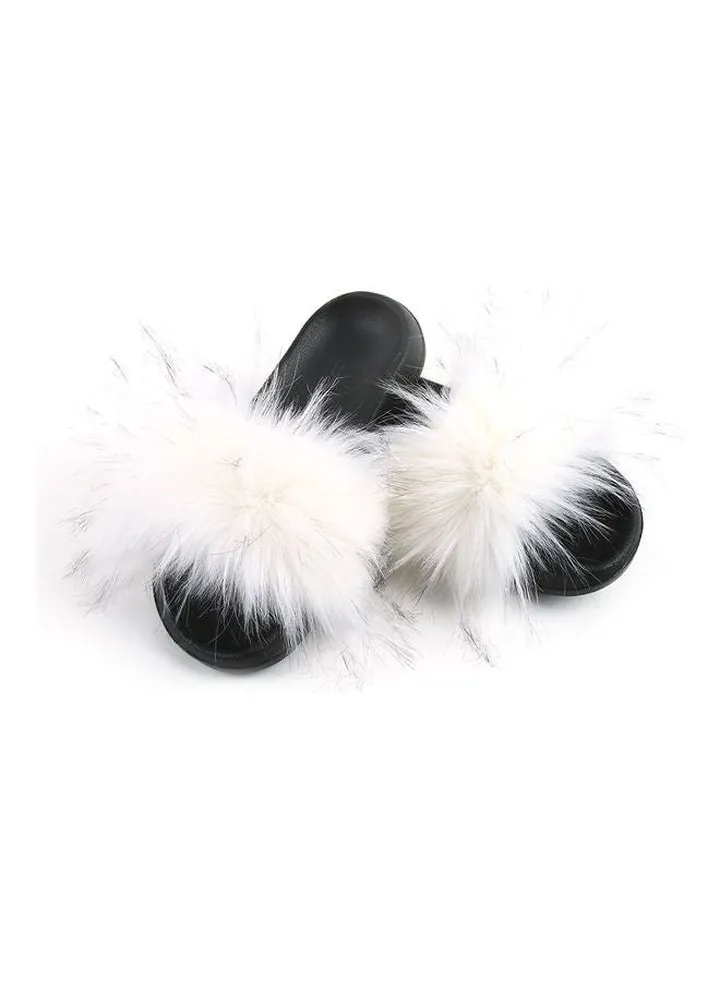 Women Long Faux Raccoon Fur EVA Sandals White/Black