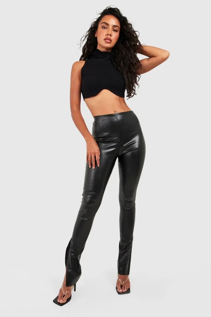 Split Hem Faux Leather Pu Leggings