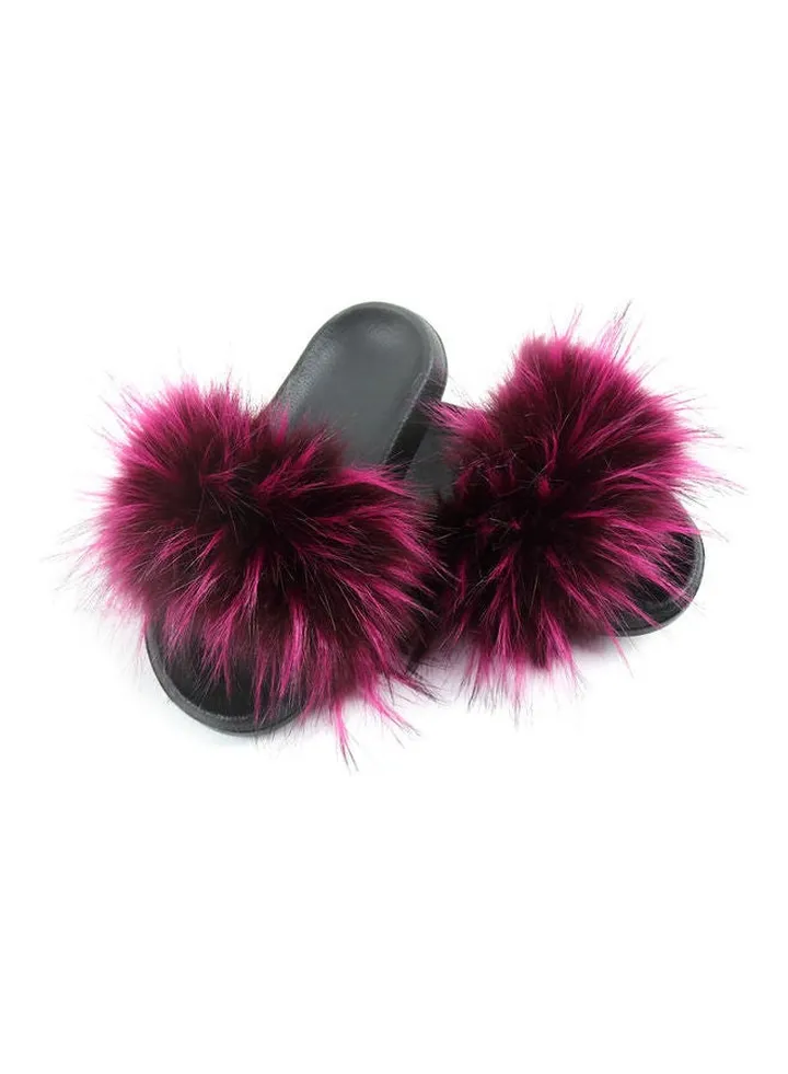 Women Long Faux Raccoon Fur EVA Sandals Purple/Black