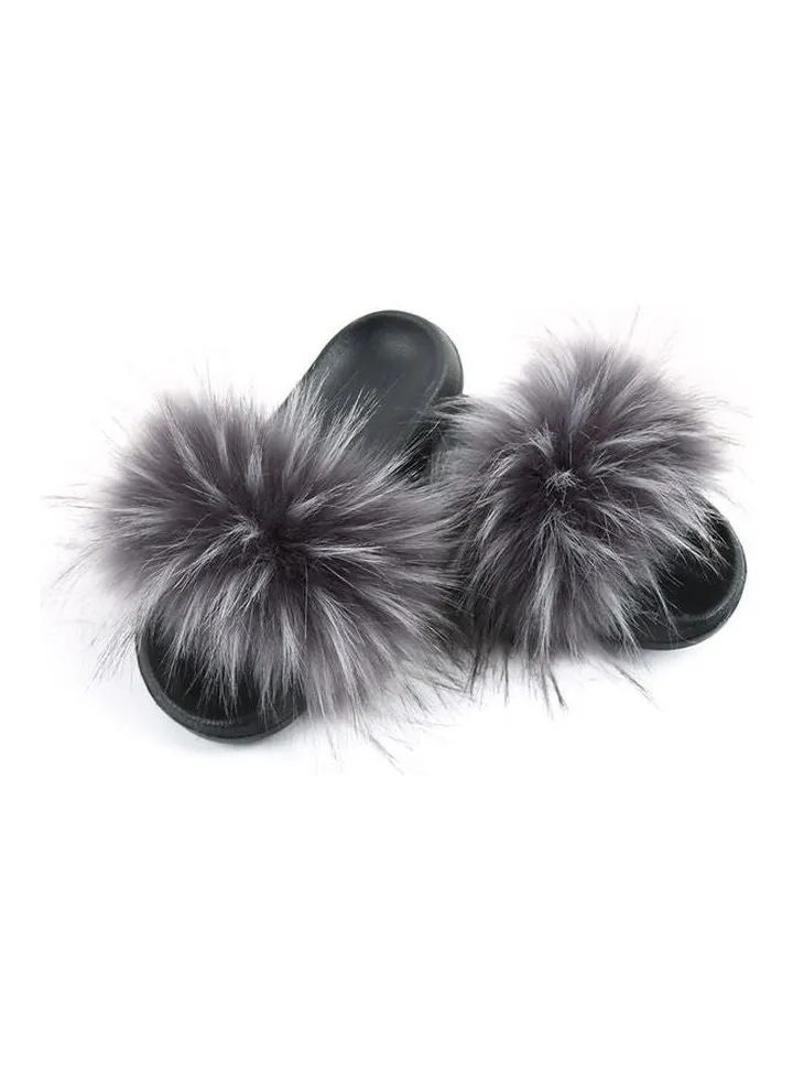 Women Long Faux Raccoon Fur EVA Sandals Grey/Black