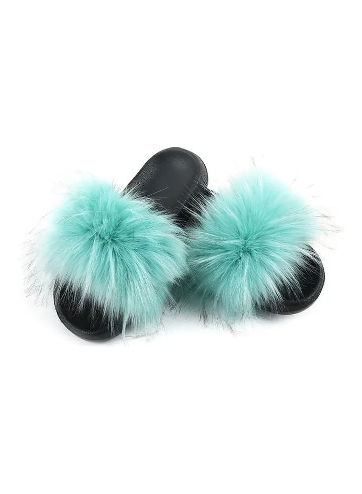 Women Long Faux Raccoon Fur EVA Sandals Mint Green/Black