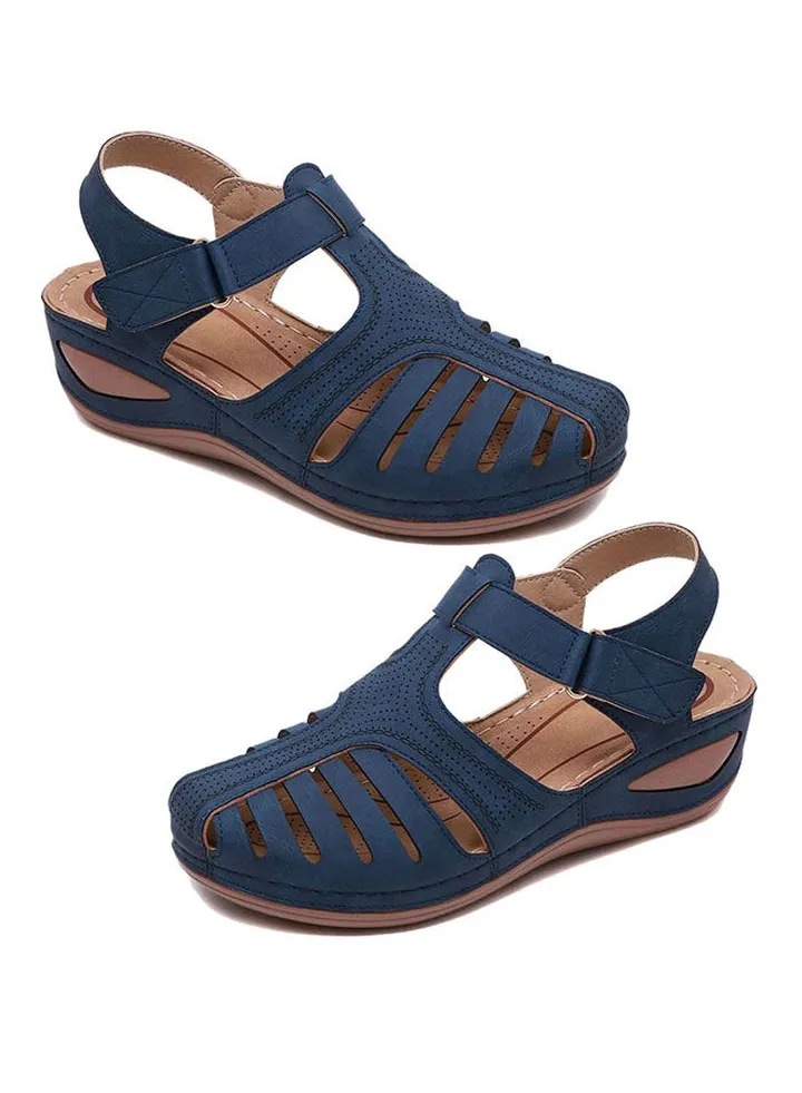 Hollow Cut Wedge Sandals Blue/Brown