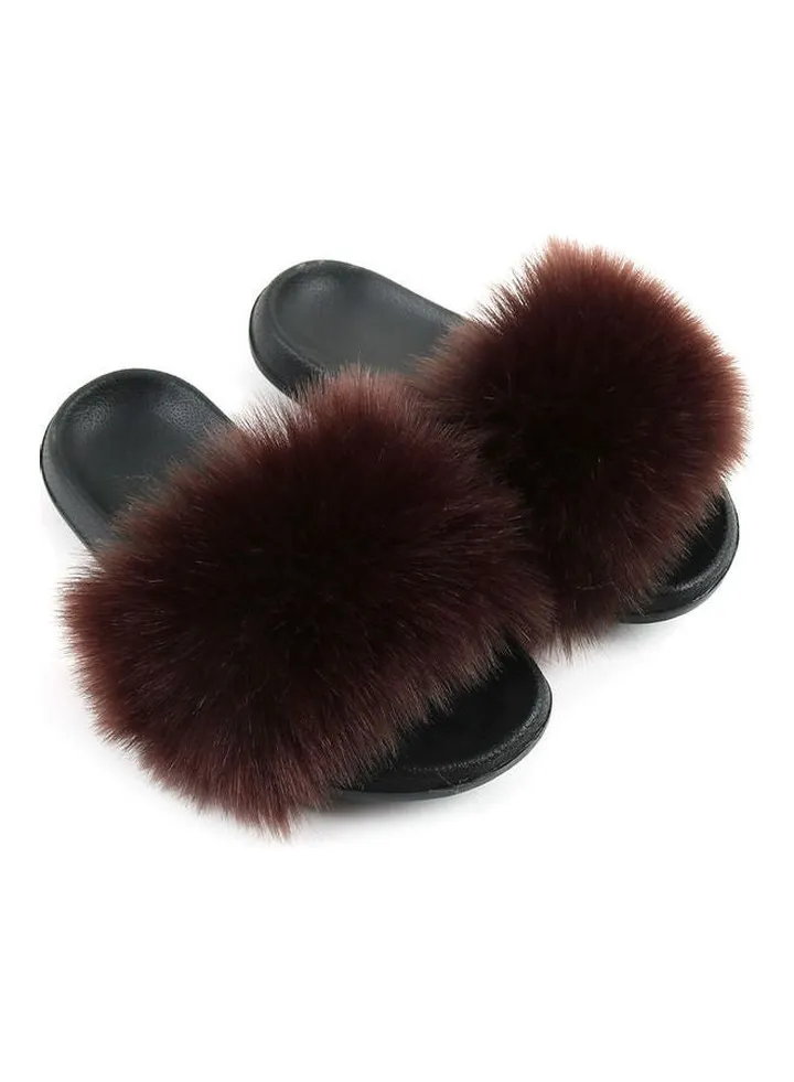 Stylish Women Faux Fur Open Toe Flat Slippers Brown