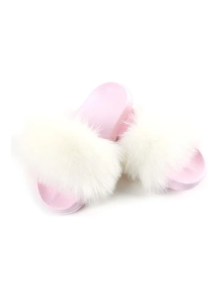 Stylish Women Faux Fur Open Toe Flat Slippers White/Pink