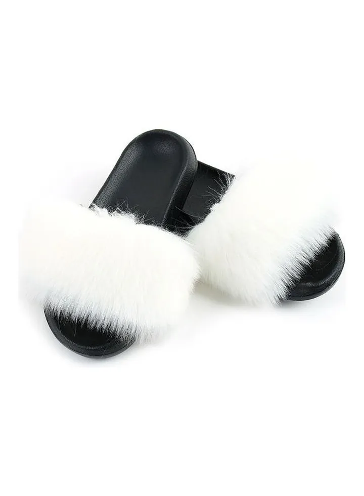 Stylish Women Faux Fur Open Toe Flat Slippers White/Black