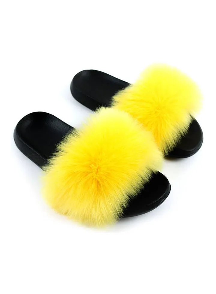 Stylish Women Faux Fur Open Toe Flat Slippers Yellow/Black