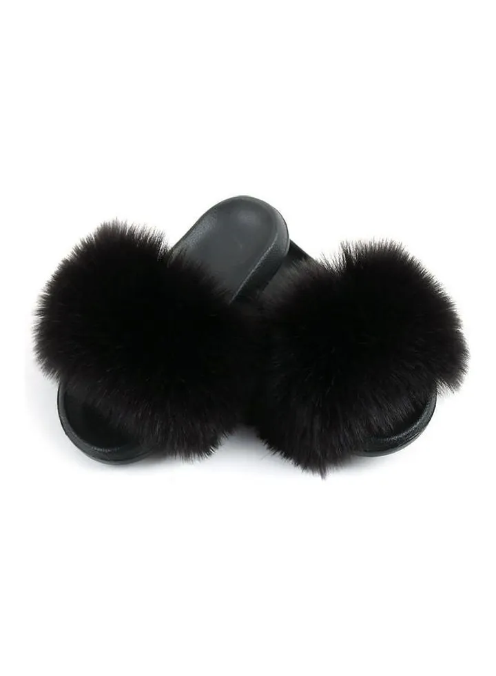 Stylish Women Faux Fur Open Toe Flat Slippers Black