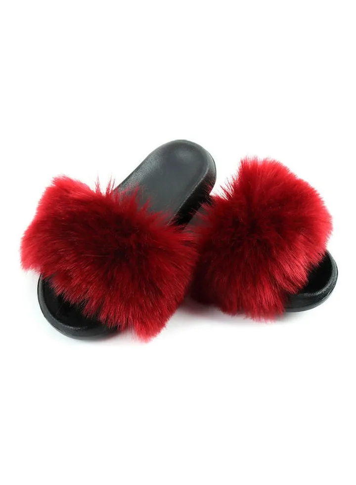 Stylish Women Faux Fur Open Toe Flat Slippers Red/Black