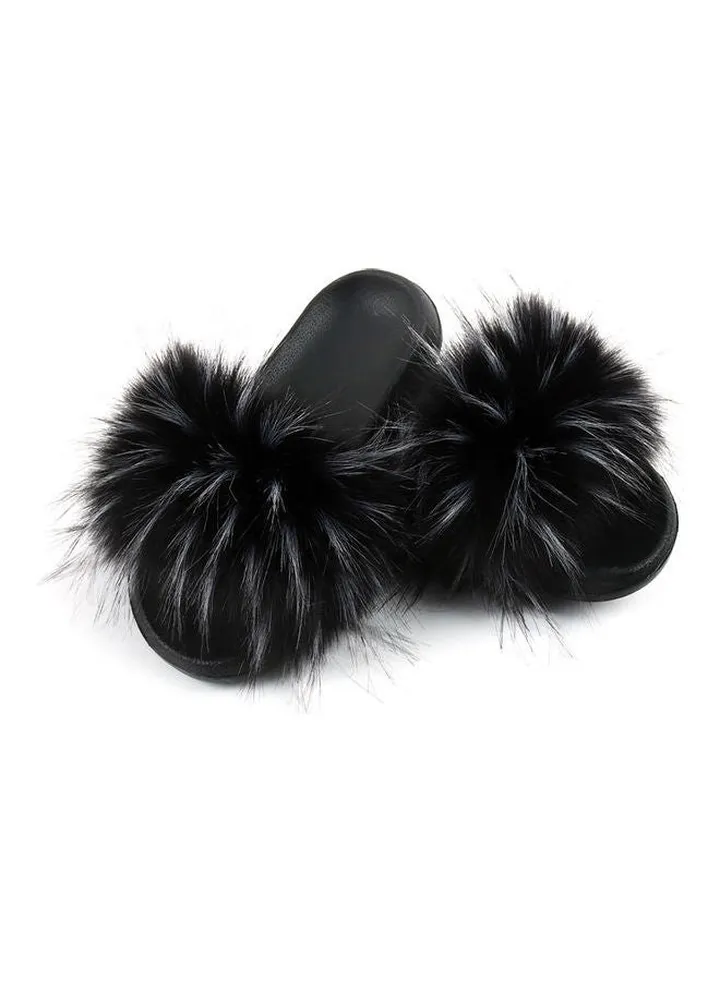 Fashion Women Long Faux Raccoon Fur Anti-slip EVA Slippers Black