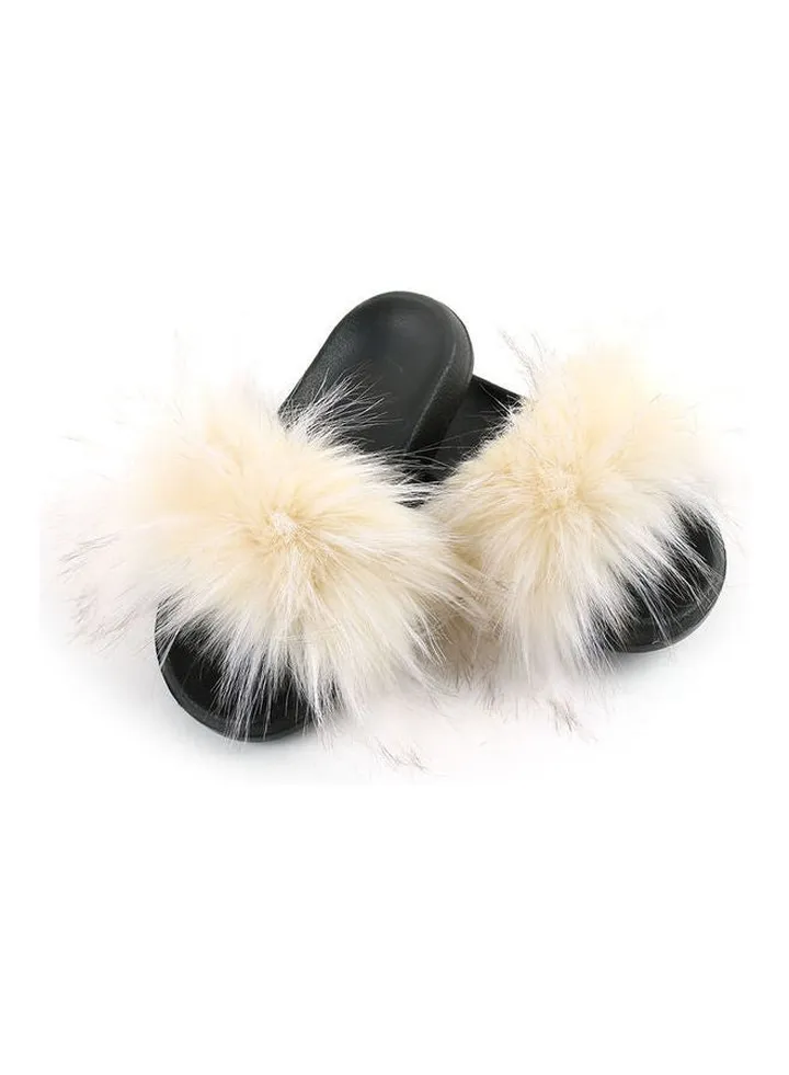 Fashion Women Long Faux Raccoon Fur Anti-slip EVA Slippers Beige/Black