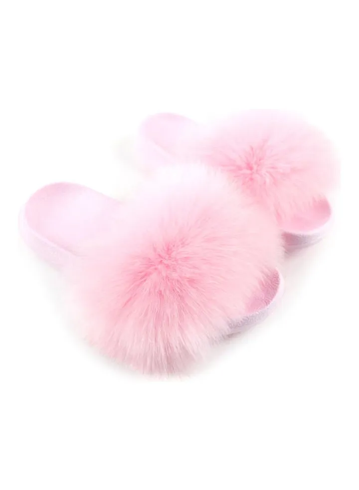 Stylish Women Faux Fur Open Toe Flat Slippers Pink