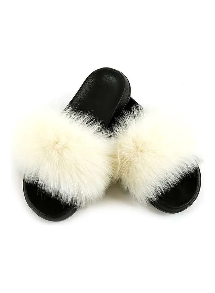 Stylish Women Faux Fur Open Toe Flat Slippers Beige