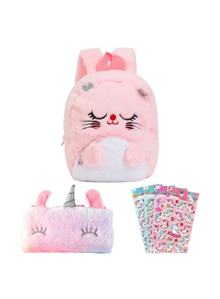 Fluffy Unicorn Backpack Set Rainbow Cat Style Plush Bag with Matching Purse with Bonus Stickers Soft Toy Perfect Stylish School Supplies for Girls and Kids Great Dream Gift